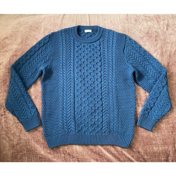Sunspel Cableknit Jumper Sweater Merino Wool Irish Fishermen Crewneck Sz M Blue - Picture 1 of 9